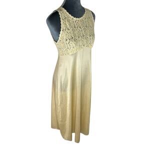 Nylon Yellow Pale Silky Nightgown Slip dress- unique back midi Small Lace